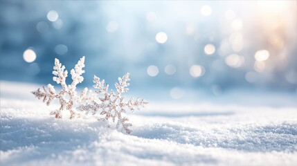 Two delicate, ornate snowflakes rest gently on a pristine, snow-covered surface, bathed in soft, diffused sunlight against a bokeh-filled winter background