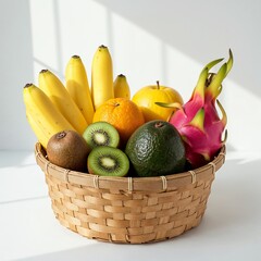 Healthy lifestyle basket with bananas dragon fruit avocado and kiwi on white background