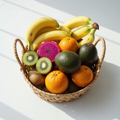 Healthy lifestyle basket with bananas dragon fruit avocado and kiwi on white background