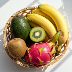 Healthy lifestyle basket with bananas dragon fruit avocado and kiwi on white background