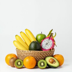 Healthy lifestyle basket with bananas dragon fruit avocado and kiwi on white background