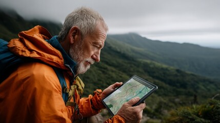 Man using tablet outdoors, mountains in background.