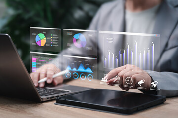 Business Finance Management Concept, Businessman Analyzing KPI Performance Indicators,Reviewing Business Growth Chart, Market Research Financial Decision Making, Strategic Investment Planning, Success