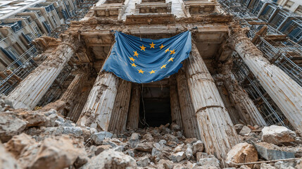 Bank building with European Union flag. Crisis in European Union