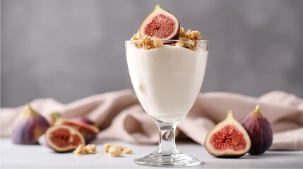 A close-up of a layered dessert—a cup featuring oats and sliced figs, with a cream cheese dessert, set against a blurred wooden table to highlight the details and appeal of the dessert.