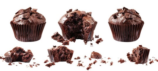 From left to right, the top row features three chocolate muffins, each depicted in various stages of being eaten. The middle and bottom rows feature broken or half-eaten chocolate baked goods
