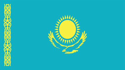 Flag of Kazakhstan with a golden sun, eagle, and national ornament on a blue background.