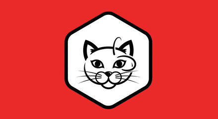 Stylized graphic cat face emblem with whiskers and a curl.