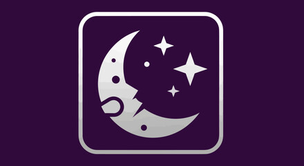 Stylized crescent moon with stars in a square frame.