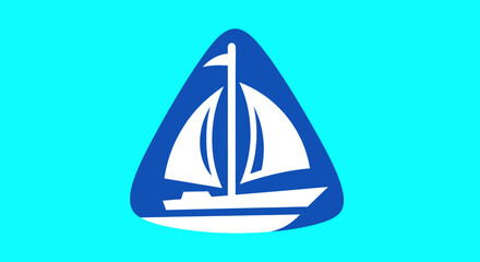 Stylized white sailboat icon in a blue triangle.