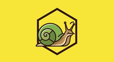 Cute cartoon snail logo inside a modern hexagon frame. © Sendal