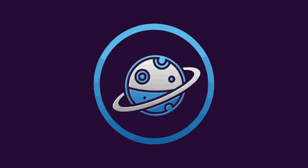 Stylized planet with ring in a circular frame representing space and exploration.