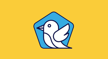 Fototapeta premium Minimalist illustration of a small white bird perched inside a blue geometric pentagon.