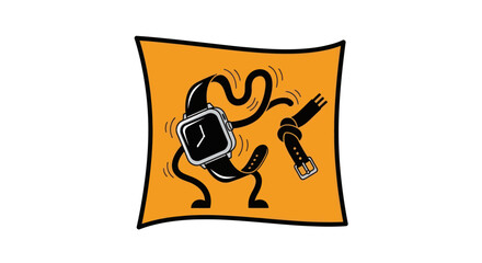 Playful cartoon smartwatch character dancing with its detached strap in a whimsical illustration.