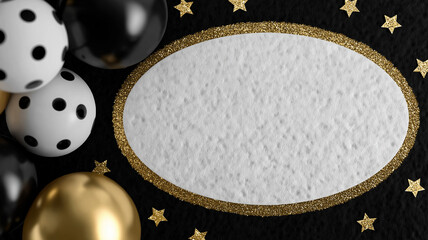 Artistic festive New Year oval border design with shimmering gold elements, sparkling decorations, and watercolor brush texture, isolated frame for customizable greetings, cards, and holiday projects