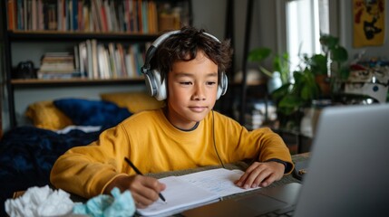 Boy using laptop and headphones at desk.