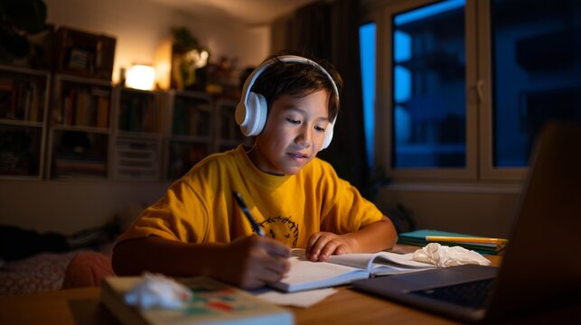 Boy using laptop and headphones at desk. - Powered by Adobe