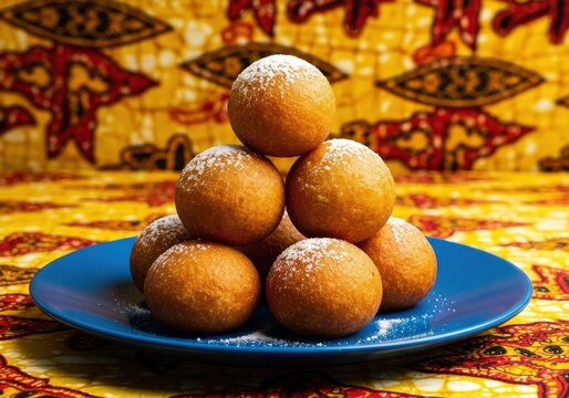Pyramid of traditional african fried donuts called Yovo Doko sprinkled with sugar on a blue plate