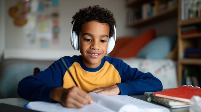 A young boy wearing headphones and studying at a desk. - Powered by Adobe