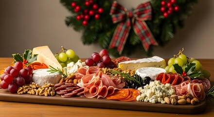 Delicious charcuterie board with cheese grapes meat nuts and christmas wreath holiday party appetizer food