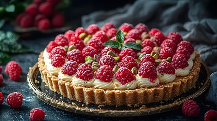 Close up of a vibrant raspberry and pistachio tart with creamy filling garnished with mint