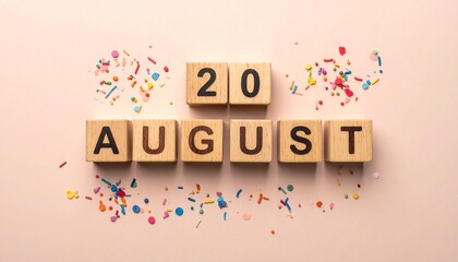 Wooden Blocks with Date 20 August. Calendar for birthday or anniversary on solid colored background with confetti