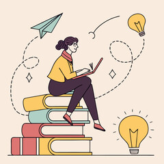 Woman sitting on stacked books using a laptop, surrounded by creative elements like a paper plane and lightbulb, on a pastel background. Concept of education and learning. Vector .