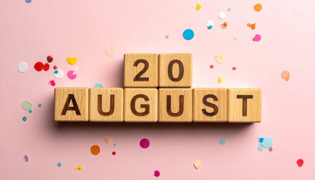 Wooden Blocks with Date 20 August. Calendar for birthday or anniversary on solid colored background with confetti