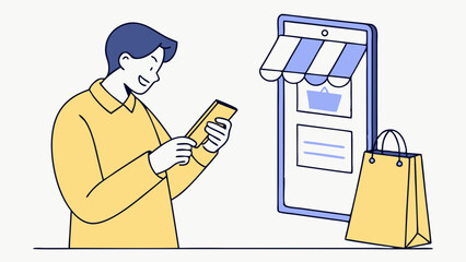 Smiling man uses smartphone for online shopping with credit card, money, big screen and shopping bags on white background. Concept of e-commerce. Vector .