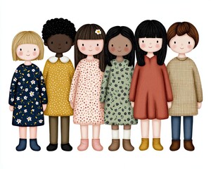 Business and Education Flat Icons Diverse Group of Cute Cartoon Girls in Colorful Dresses and Boots