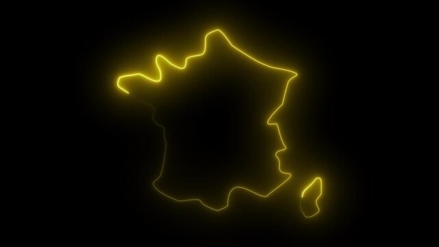 Glowing yellow outline map of France on black background neon light animation abstract digital representation of French territory - Powered by Adobe