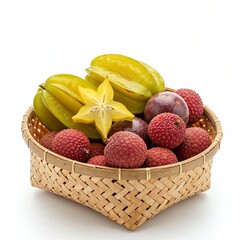 Delicate bamboo basket filled with exotic fruits on pure white background