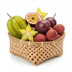 Delicate bamboo basket filled with exotic fruits on pure white background