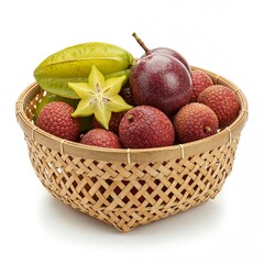 Delicate bamboo basket filled with exotic fruits on pure white background