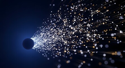 Abstract Digital Particles Trailing a Sphere in a Dark Void, Representing Data Flow and Connectivity
