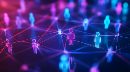 A digital network representing connections between people, illuminated by vibrant colors, showcasing modern communication dynamics.