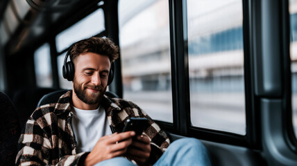 man with a smartphone and headphones smiles as he listens to music on his way to work. The smartphone as a means of communicating with the world and creating personal space in the urban environment