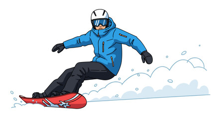 Obraz premium A dynamic cartoon illustration captures a male snowboarder expertly carving down a snowy slope, showcasing winter sports excitement and active recreation.