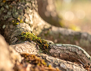 Fototapeta premium Gnarled Tree Root Covered in Moss in Forest Closeup
