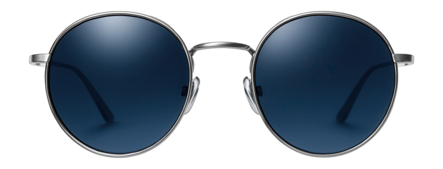 Round frame sunglasses with blue lenses and thin wire temples