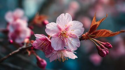 Pink Cherry Blossoms Bloom on Branch. Macro shot for springtime marketing, website design, or seasonal content. Promotes beauty, renewal, and nature's cycle.