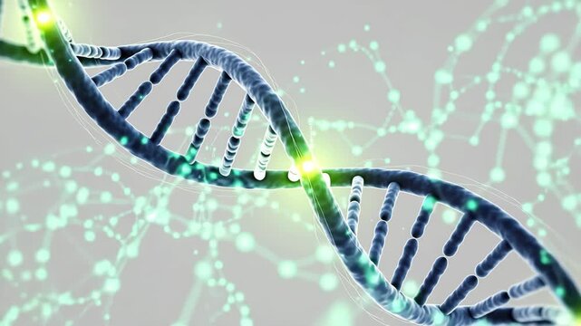 Detailed 3D rendering of a blue DNA double helix with glowing green particles molecule genetics - Powered by Adobe