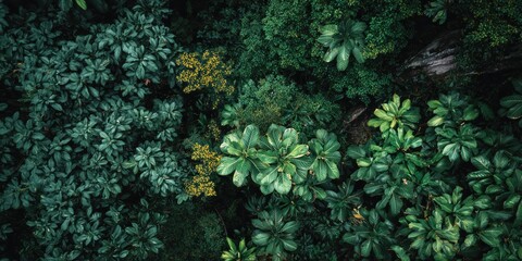 Overhead View of Dense Rainforest: A breathtaking aerial perspective showcases the dense canopy of a lush, vibrant rainforest, creating a feeling of nature's beauty