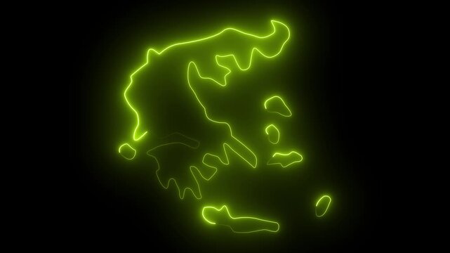 Neon outline map of Greece glowing bright green on black background abstract digital animation travel tourism concept