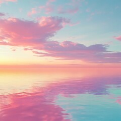 Fototapeta premium Dreamy pastel sunset sky with pink, lavender, and blue colors reflected in calm ocean water, a serene and tranquil seascape