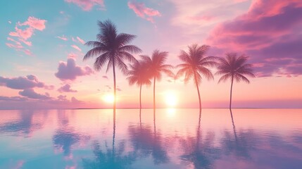 Obraz premium Row of silhouetted palm trees mirrored in an infinity pool at vibrant tropical sunset with colorful sky and calm water