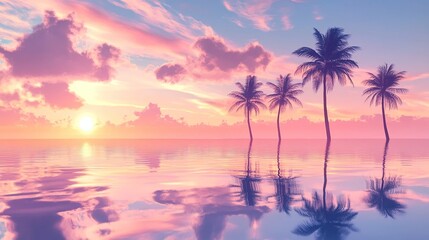 Fototapeta premium Pastel tropical sunset reflecting across tranquil ocean water with silhouetted palm trees and dreamy vacation horizon