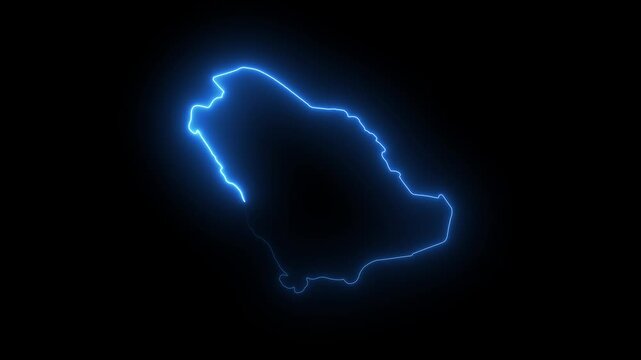 Saudi Arabia map outline glowing neon blue energy electric current digital abstract animation dark background geographic location country border national identity technology