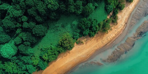 Coastal Oasis: An aerial view showcasing the verdant beauty of a coastline where dense green trees meet the sandy shore and crystal waters, creating a stunning natural composition.