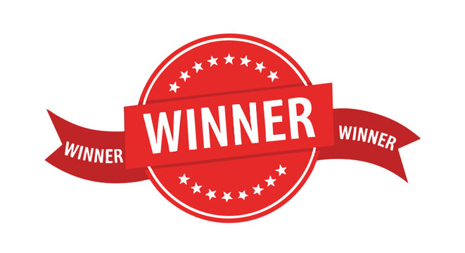 Red winner badge with stars and ribbon, displaying the word "WINNER" in white, isolated on a white background.